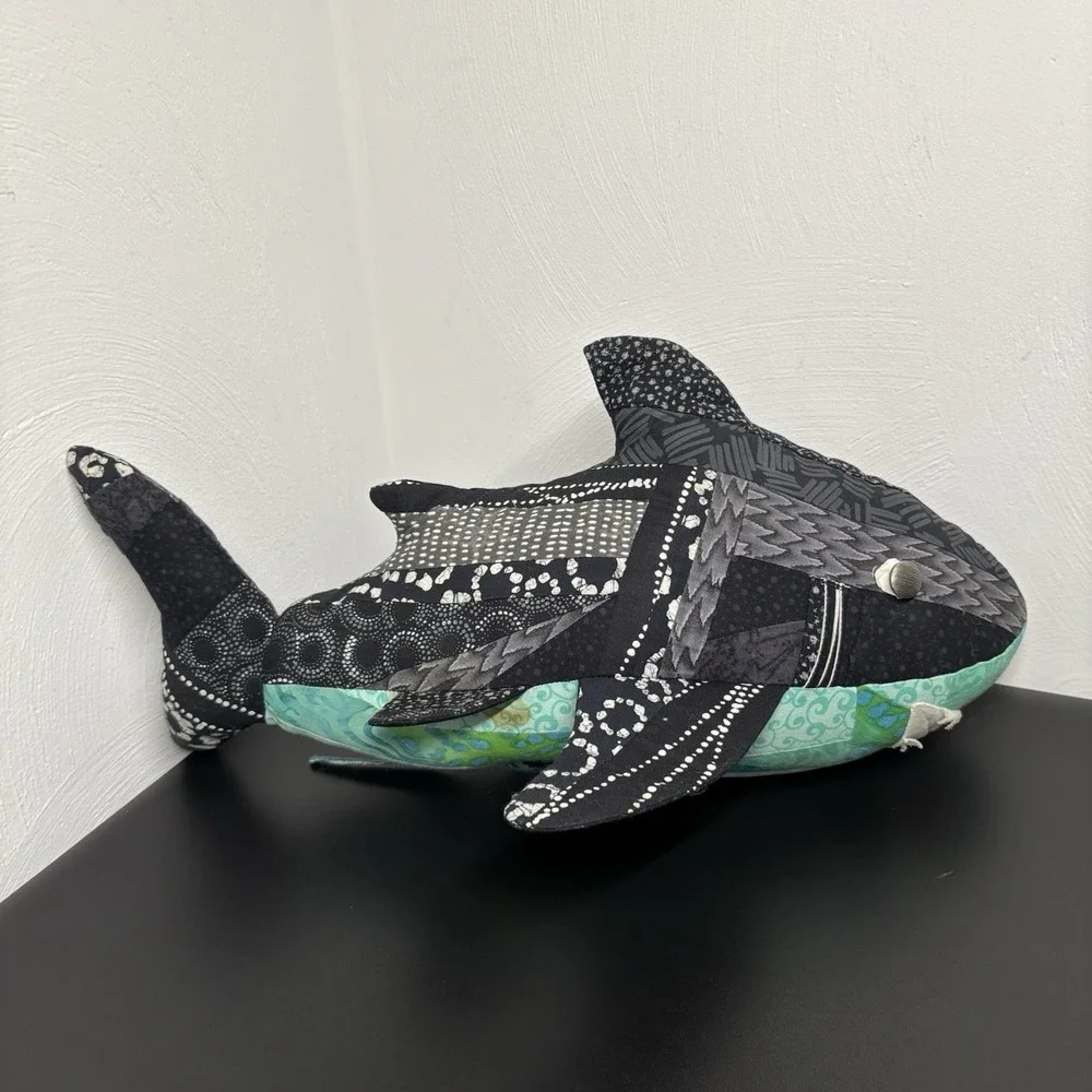 Handmade Fabric Shark Plush Collectible‎ Textile Abstract 16x8 Black Teal Art